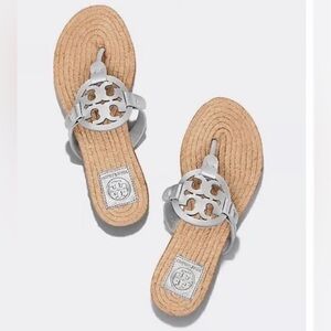 Tory Burch Miller Metallic Silver Espadrille Sandals 9